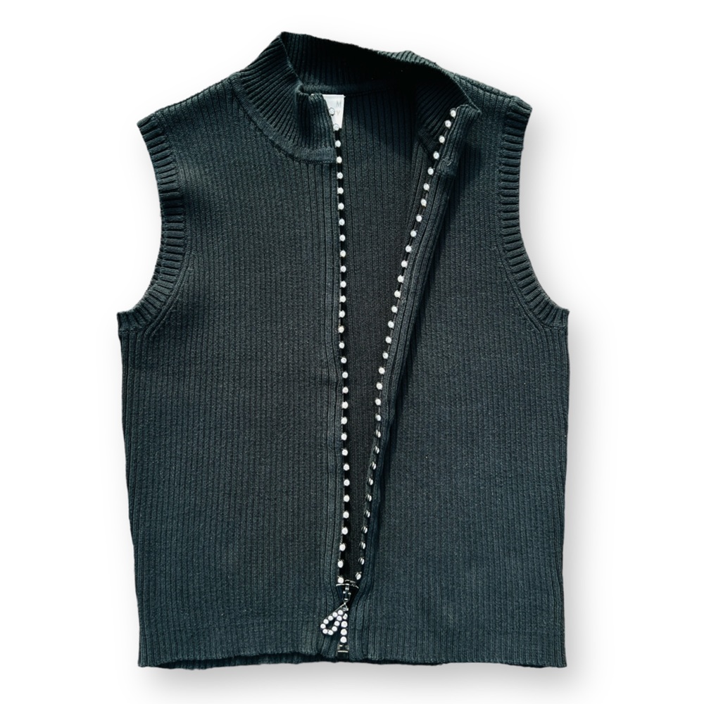 NANCY KNITS BLACK RIBBED ZIP UP SWEATER RHINESTONE ZIPPER SIZE MEDIUM